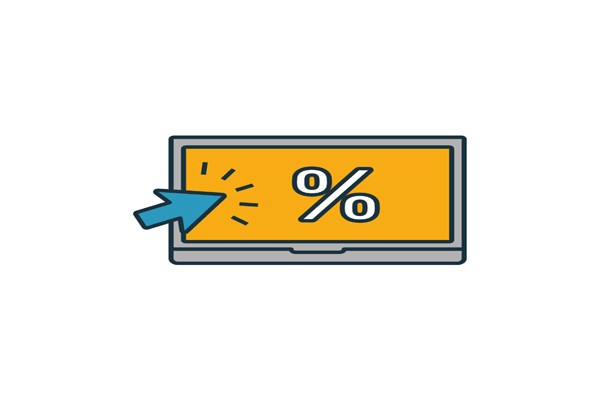 Computer with arrow and percentage rate on it standing for click-through rate.