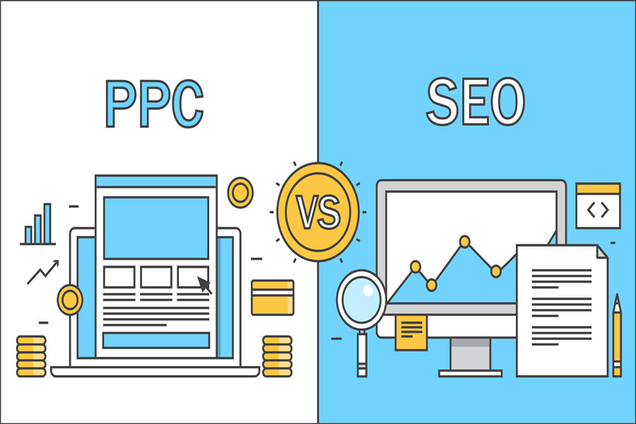 Computer showing pay-per-click versus other computer showing search engine optimization.