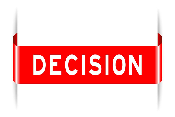 3D word decision in white on red band stands for moving leads to make decision.