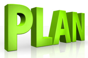 3D word plan in green stands for content strategy plan.