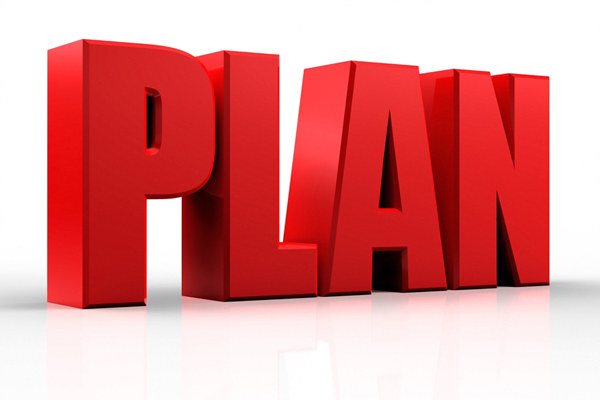 3D word plan in red stands for blog plan.