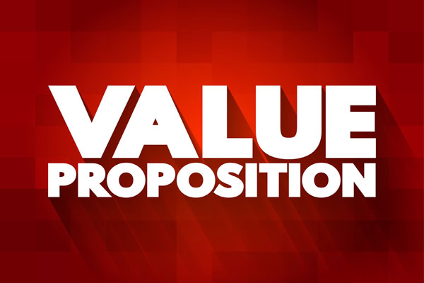3D words value propostion in white on red square stands for benefits to clients.