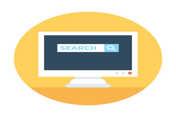 Desktop computer with search bar on orange cirle.