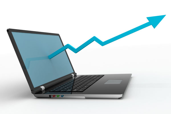 Laptop computer with blue up arrow coming out of screen.