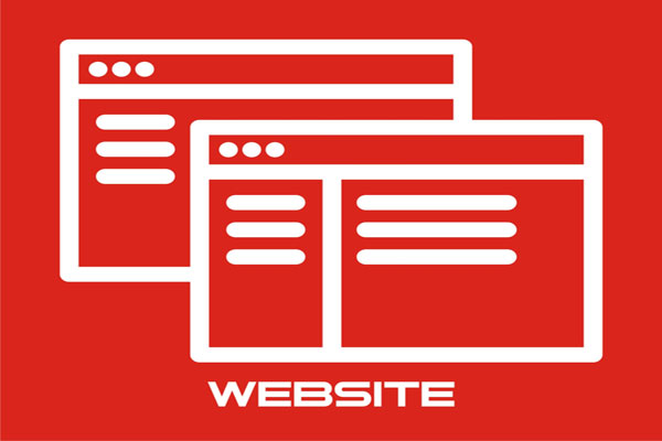 Two website pages in white on red background.