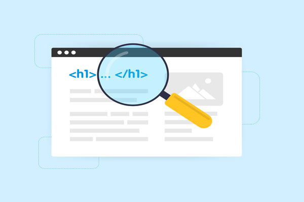 H1 text on web page with magnifying glass.