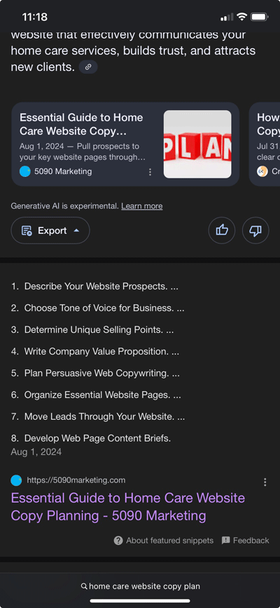 Google snippet showing subheadings for website content planning guide.
