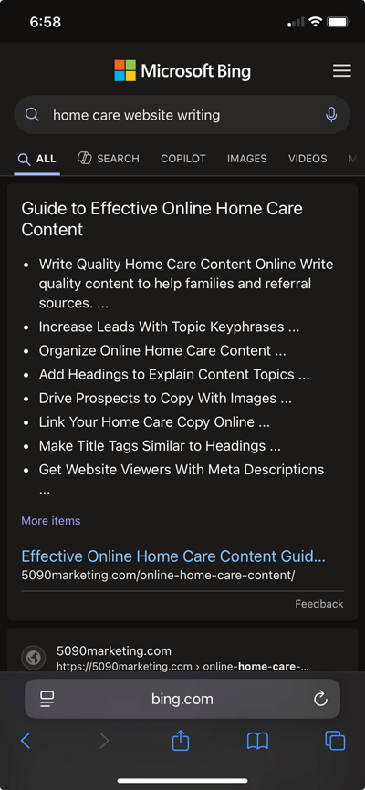 Bing snippet displaying table of contents for online content guide.