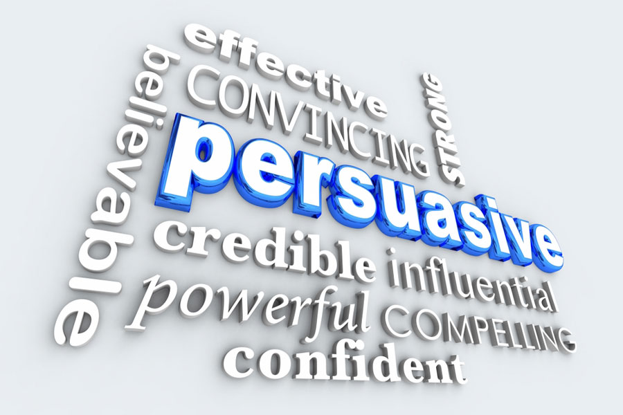 3d word persuasive with 9 synonyms in background.