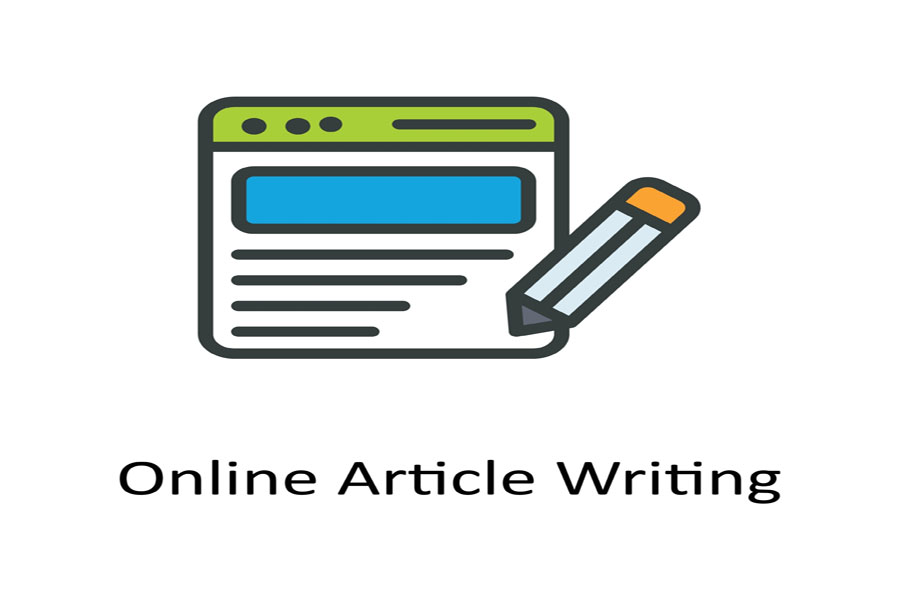 Page and pencil above online article writing text.