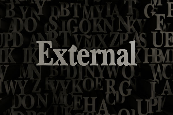 3d word grey external on black background.