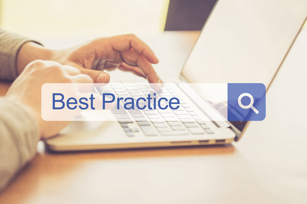 Man typing on computer with search bar best practice text.