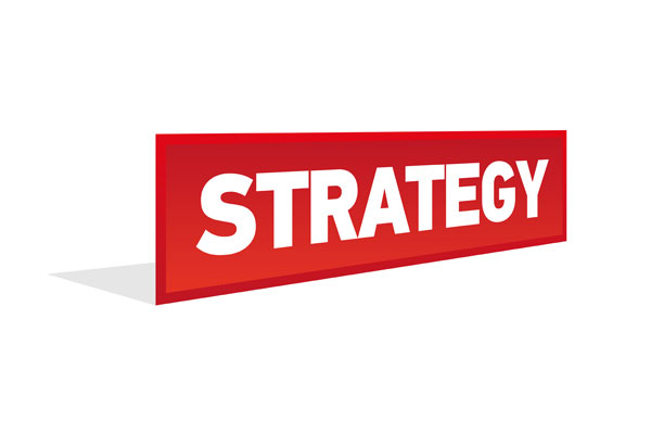 3d word strategy in red with white lettering.