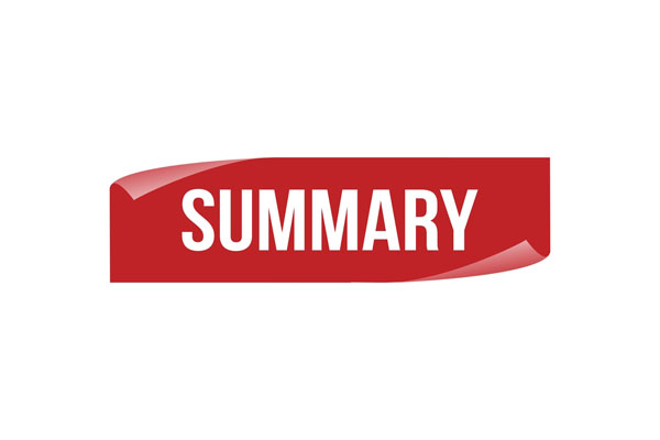 3d word summary in red with white lettering.